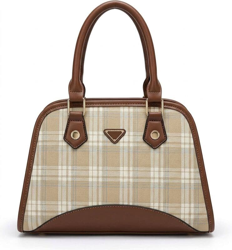 Beige Plaid Top Handle Bag