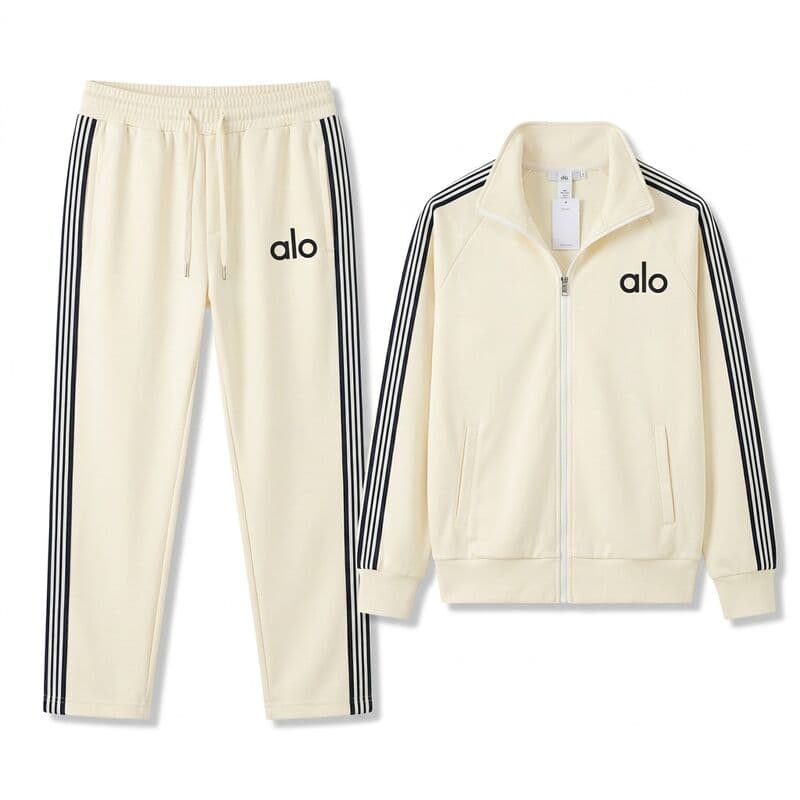 Cream ALO-Style Stripe Tracksuit Set