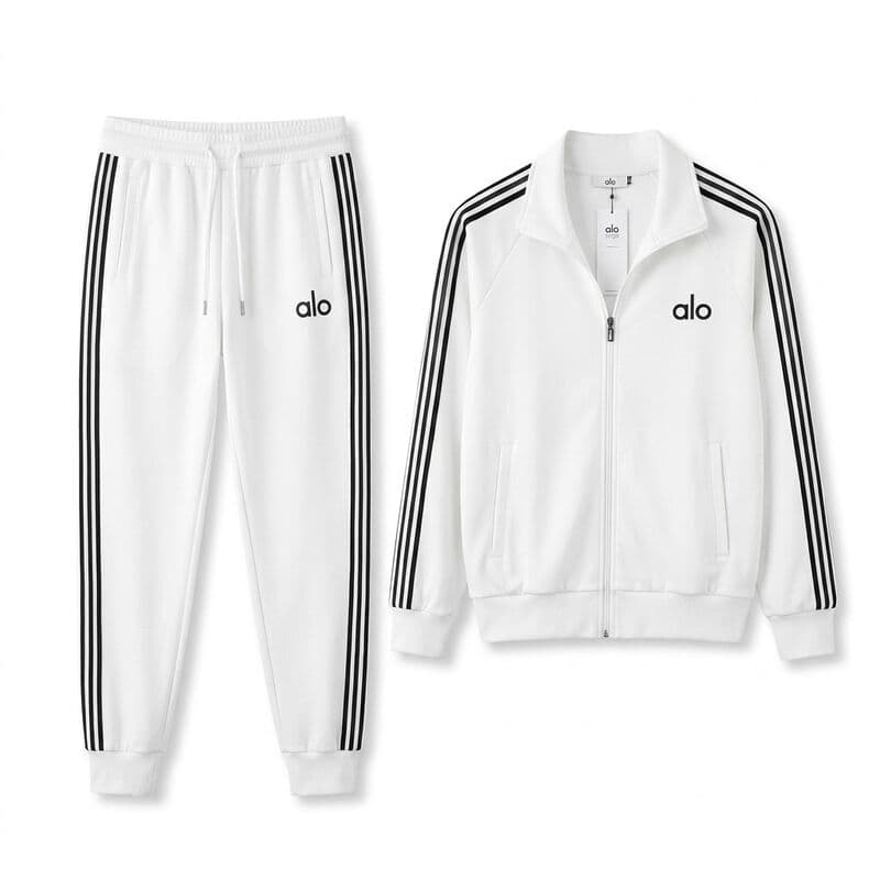 White ALO-Style Stripe Tracksuit Set