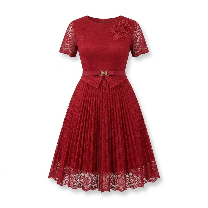 Red Lace Pleated Dress