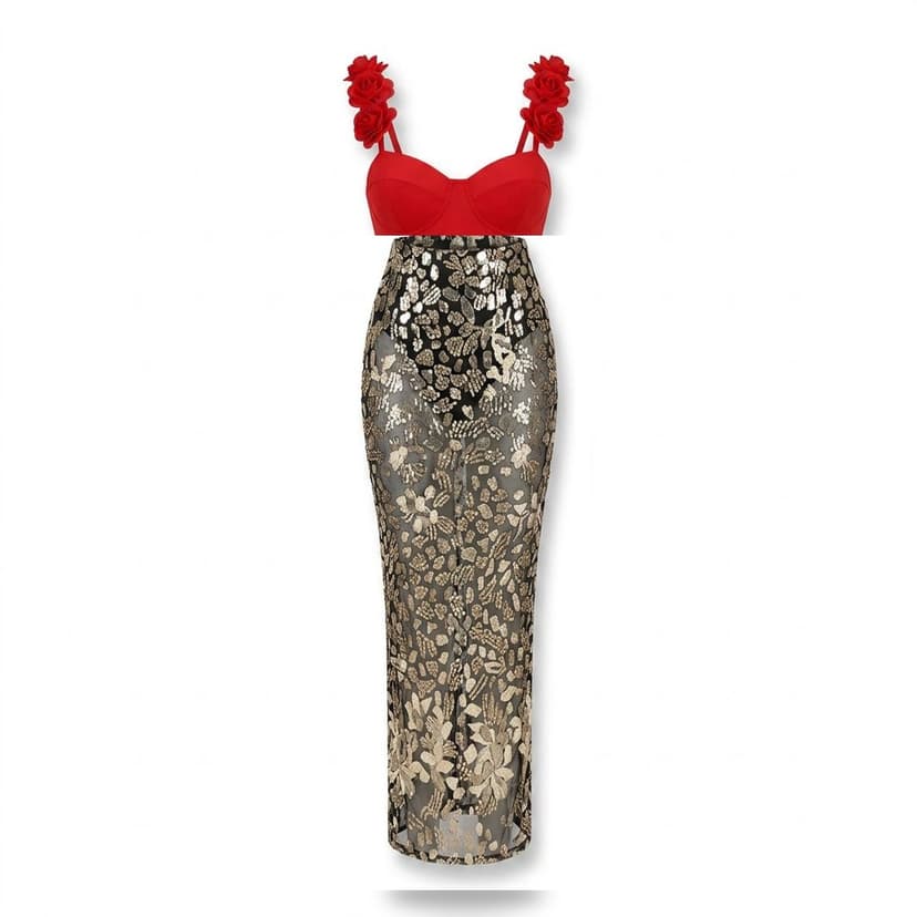 Batch15 01 Red Rosette Embellished Skirt Set