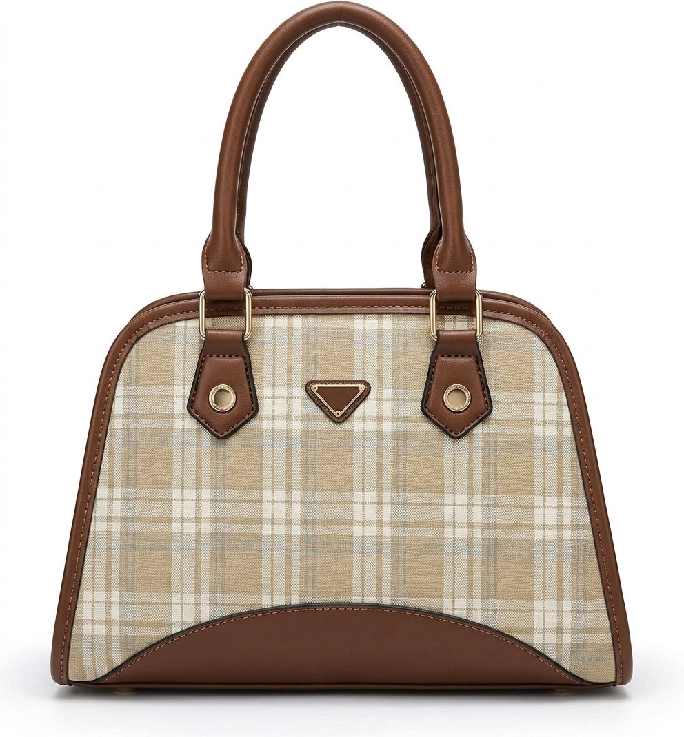 Beige Plaid Top Handle Bag