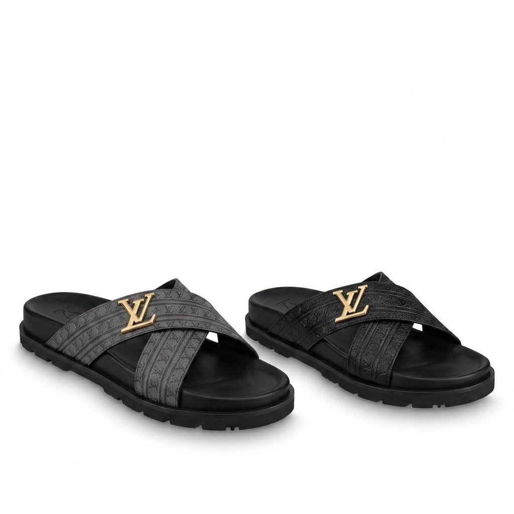 Black/Gray Cross Strap Slides