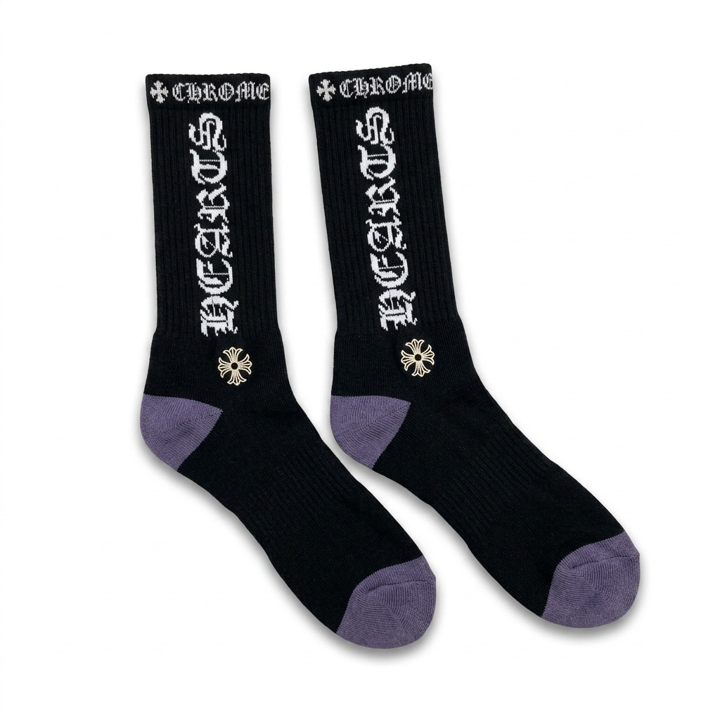 Original Chrome Long Socks — Black/Purple Letter