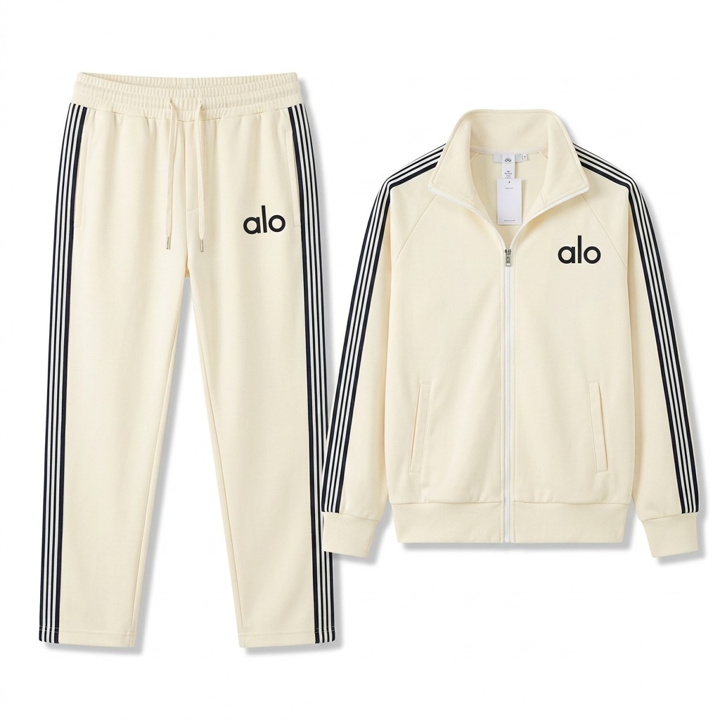 Cream ALO-Style Stripe Tracksuit Set