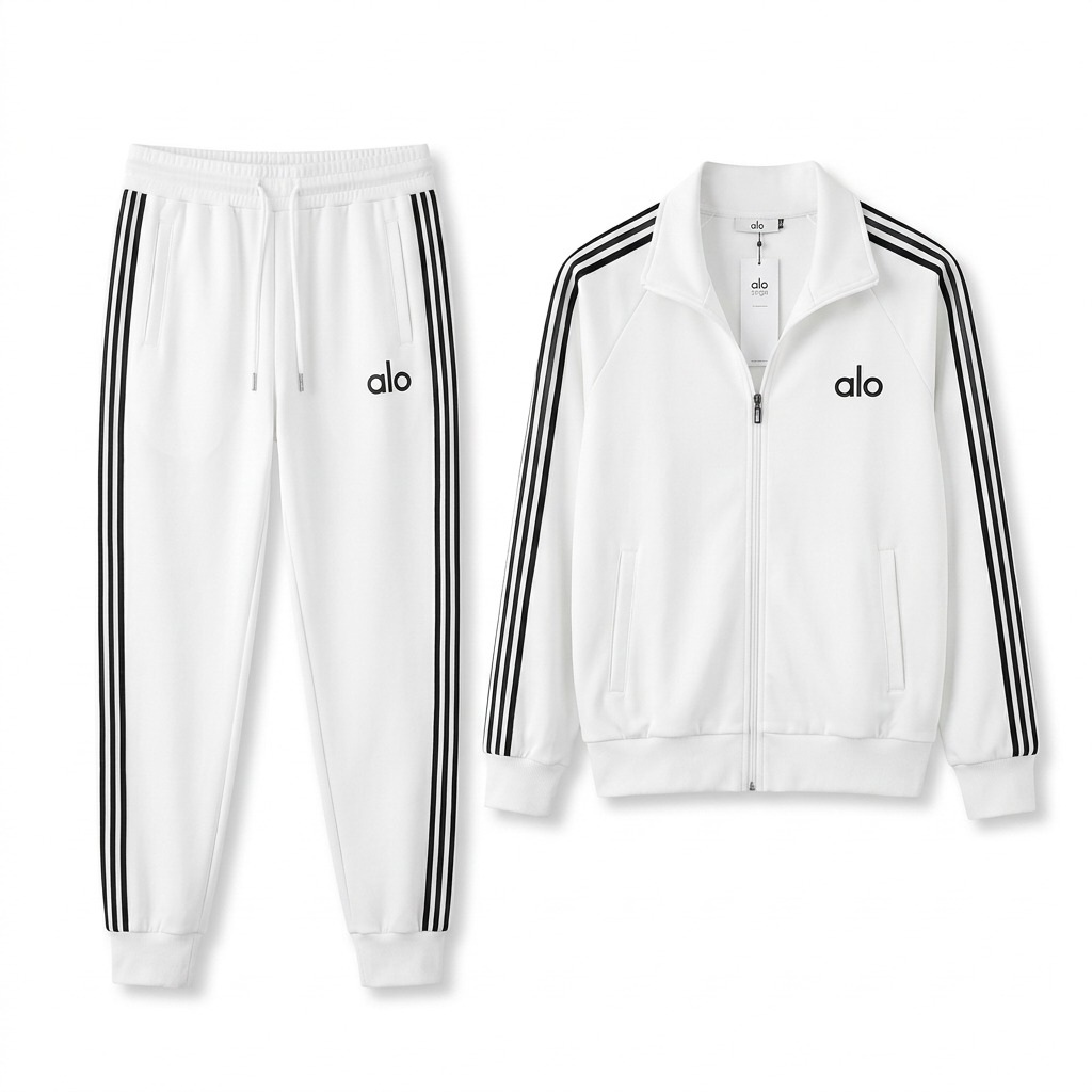 White ALO-Style Stripe Tracksuit Set